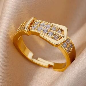 Adjustable Gold Buckle Ring with Sparkling Accents